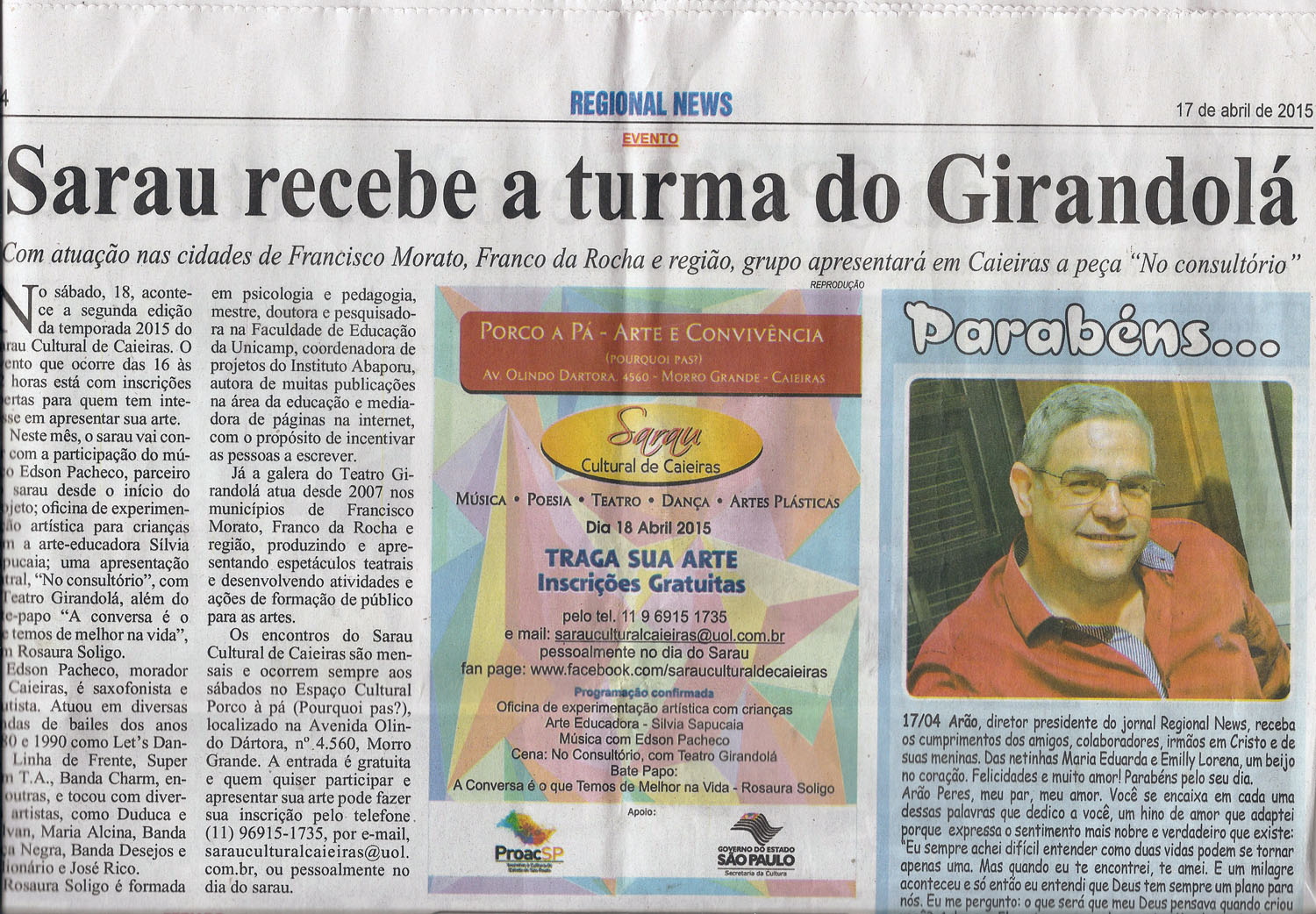 Matéria publicada no Jornal Regional News sobre a participação do Teatro Girandolá no Sarau Cultural de Caieiras