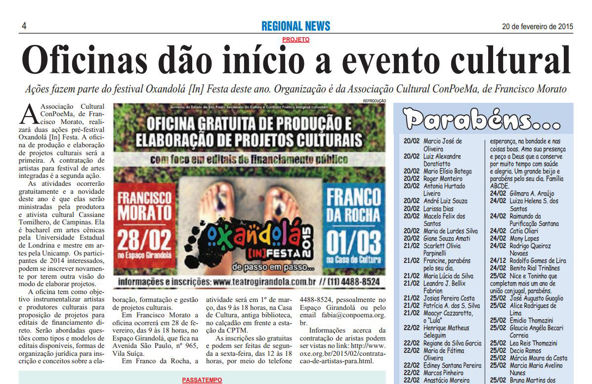 Matéria publicada no Jornal Regional News sobre as Oficinas de Elaboração de Projetos para o festival Oxandolá [in]Festa 2015